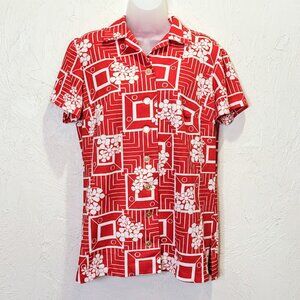 Vintage 1970s Tropical Print Camp Shirt Women's M Short Sleeve Red Button Up